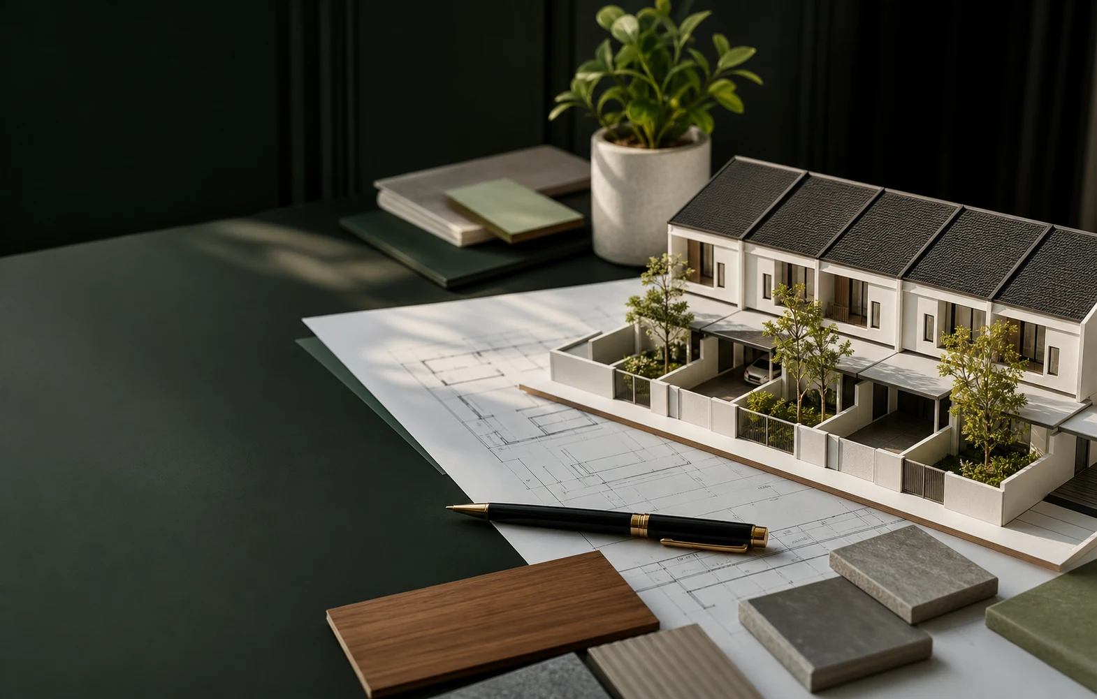 Conceptual project-planning desk with architectural plans and scale model